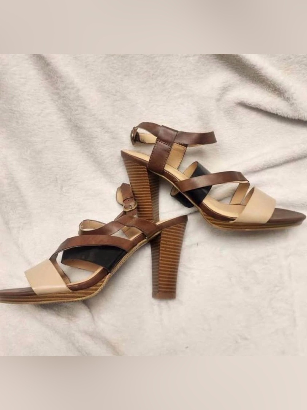 Merona Two-Tone Brown & Beige Strappy Block Heel Sandals